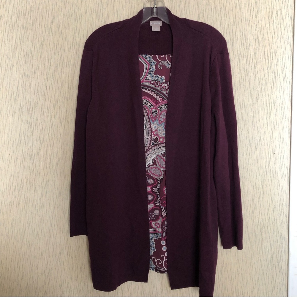 Chico's Women's Open Front Cardigan Duster Purple Paisley Sweater Size 2 Large